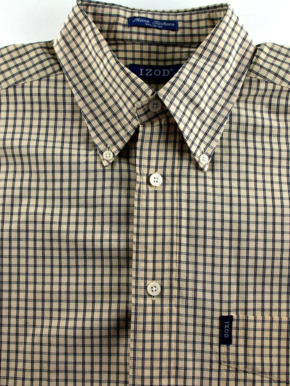 IZOD Cream & Navy Micro Tartan Plaid 100% Cotton Casual Shirt Button Down Collar - Picture 2 of 6
